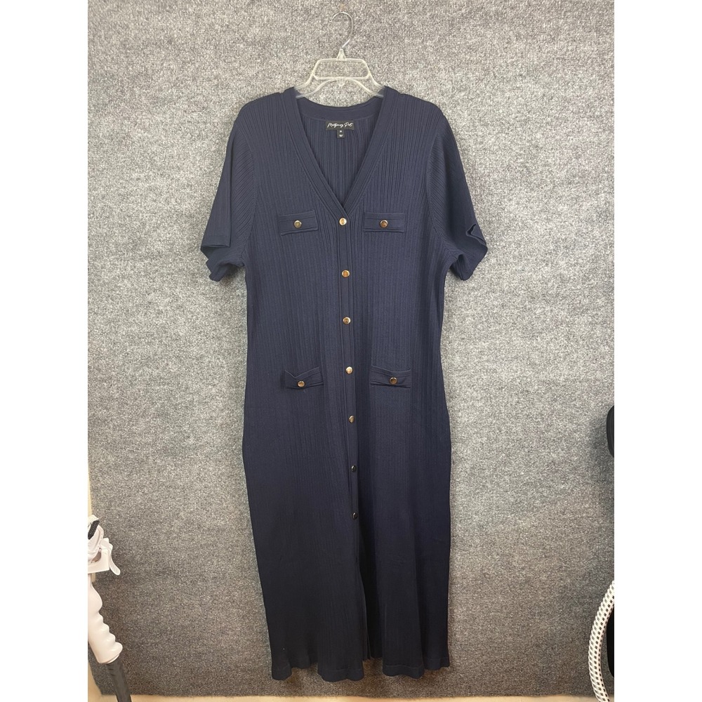 Montgomery Post Button Front Dress Womens 3X Navy Blue Excellent‎ Ribbed Midi